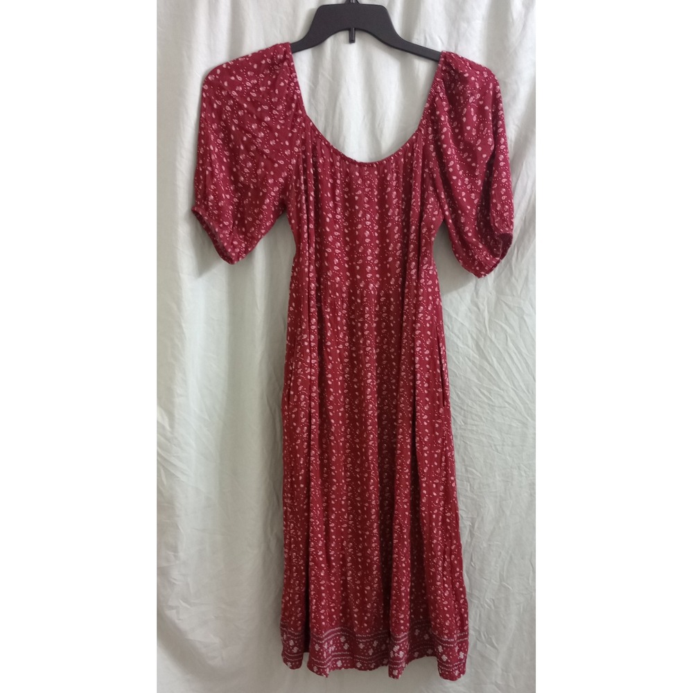 Threadgrit Red Paisley Print Smocked Back Midi Dress Short Puff Sleeve Womens M